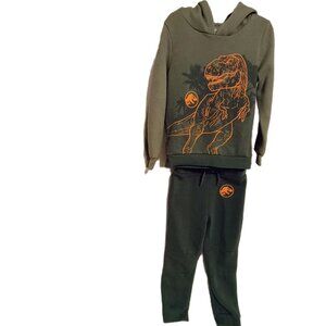 EUC: Boys' Jurassic World Size 5T Olive Green Fleece Hoodie and Joggers Set